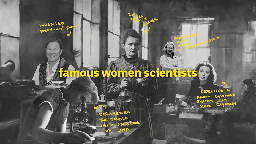 Black and white composite image of female scientists.