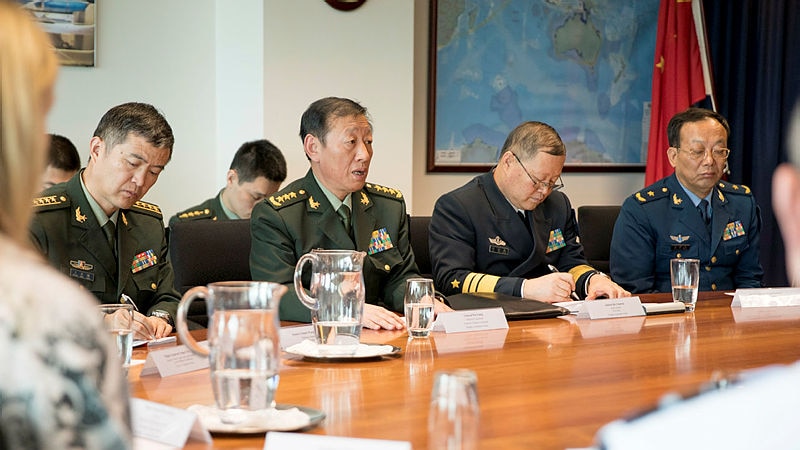 General Wei Liang is pictured with other Chinese military officials at a roundtable meeting in Canberra.