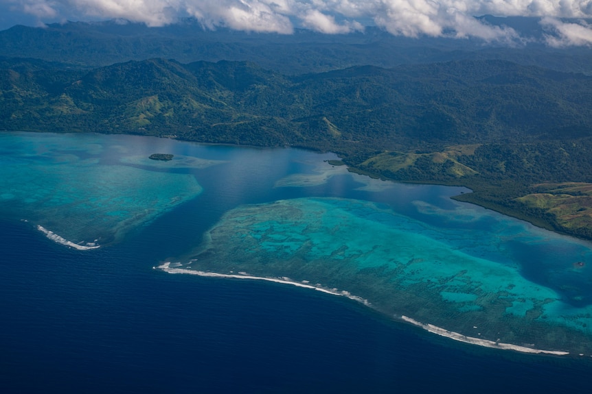 An aerial view of the coast of Vanua Levu in Fiji.