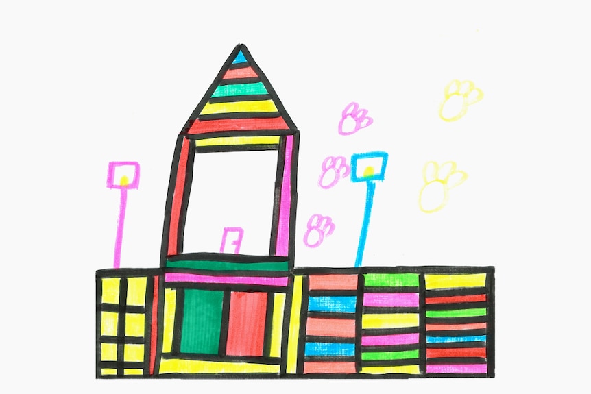 A felt-tip pen drawing of a building, above multi-coloured rectangles. There are what appear to be paw prints.