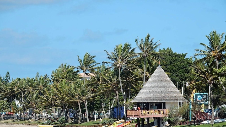 A beach hut, palm trees and water taxi in Noumea