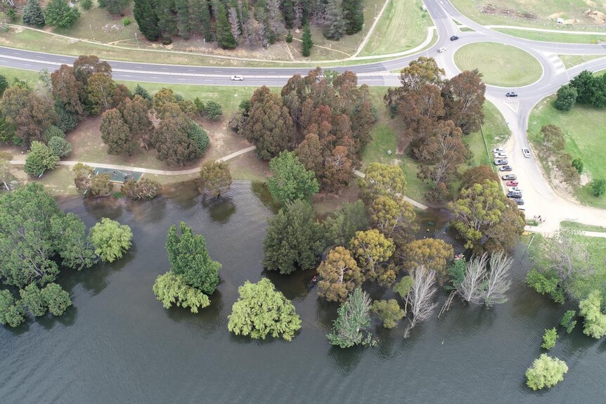 A drone shot of a flooded lake and foreshore.