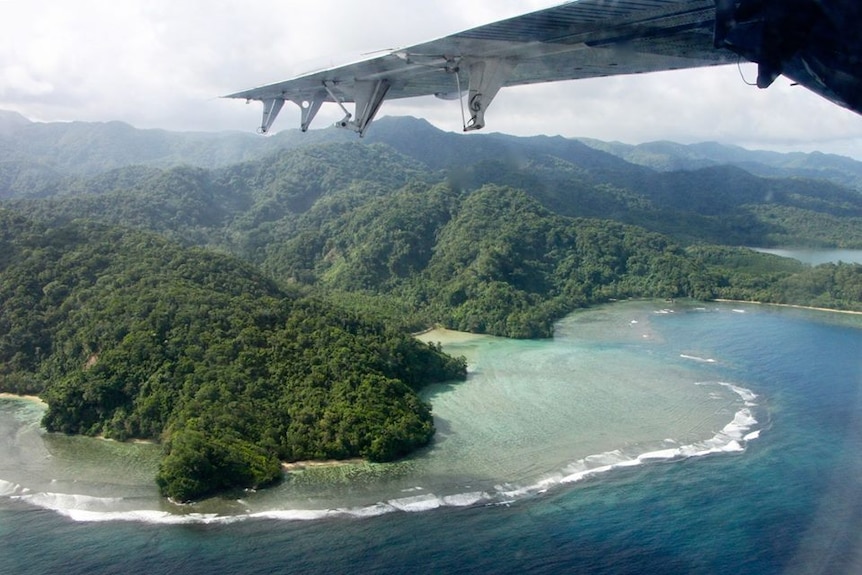 The view from a plane shows the wing above a lush green island surrounded by enticing waters