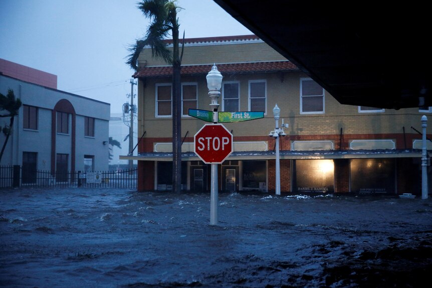 Water floods street. 