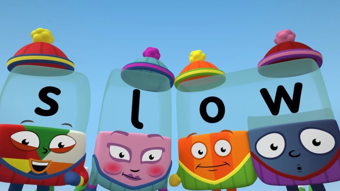 Four cartoon tube characters with letters spelling 