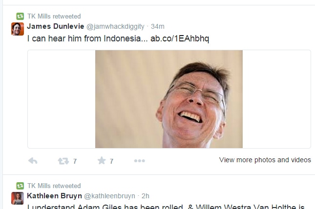 Terry Mills, the man rolled by Adam Giles as NT chief minister, retweets a journalist's tweet.