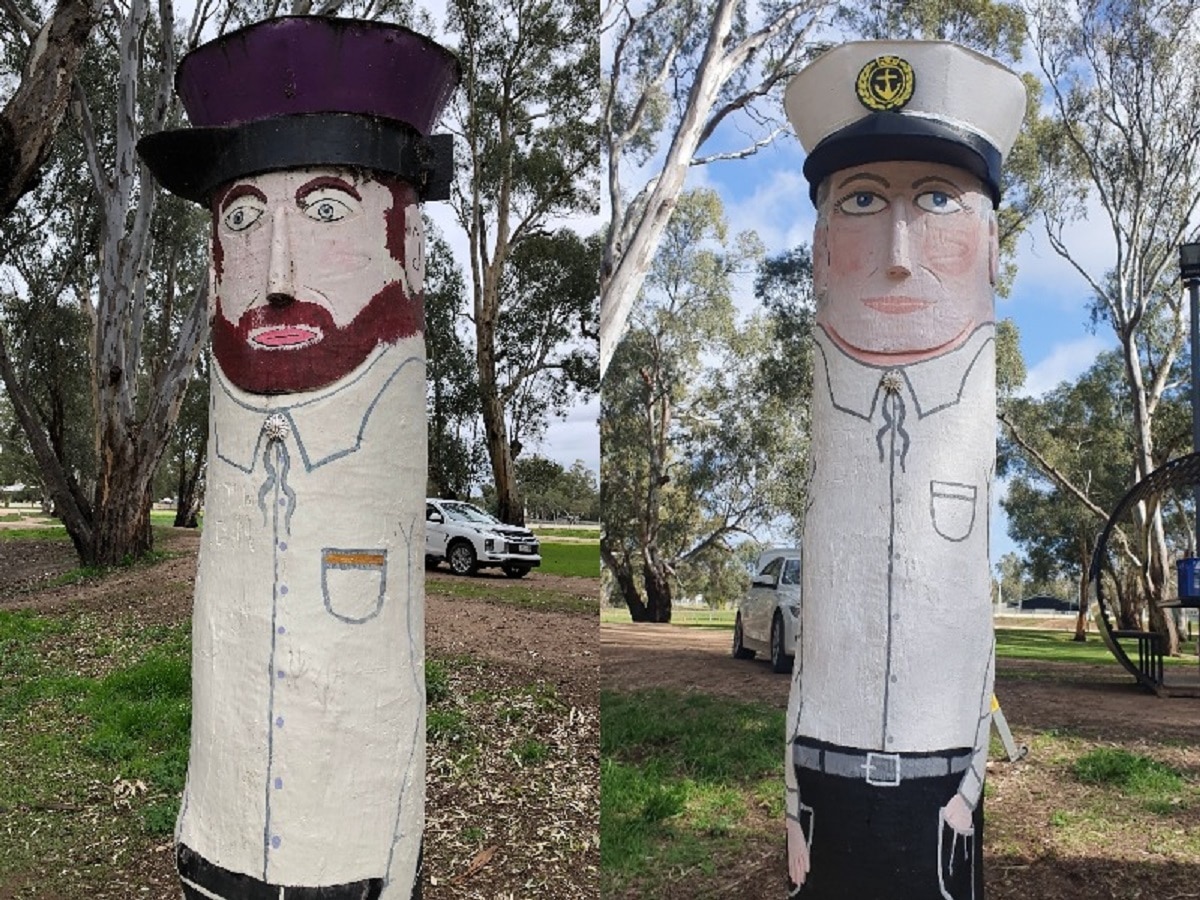A large timber bollard, before and after repainting from a bearded man in a black hat to a bare-faced woman in a captain's hat.