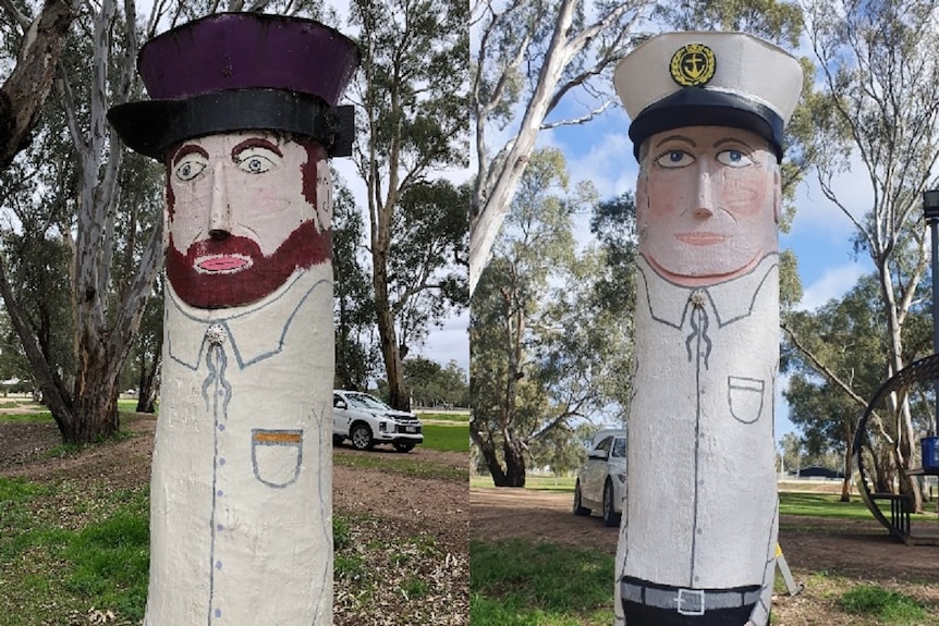 A large timber bollard, before and after repainting from a bearded man in a black hat to a bare-faced woman in a captain's hat.