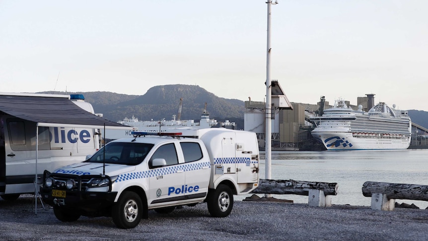 A police van is seen in front of the Ruby Princess cruise ship.