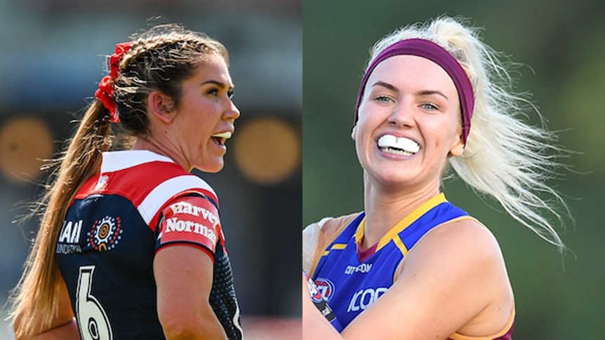 A composite image of an NRLW player and an AFLW player