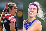 A composite image of an NRLW player and an AFLW player