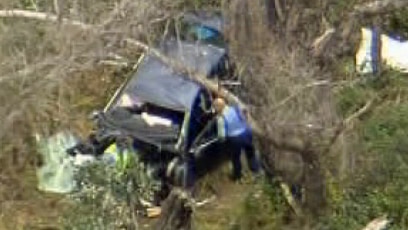 Aerial view of car which crashed into tree killing three men