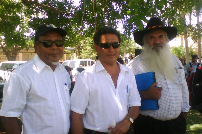 Yawuru traditional owners Peter Yu, Neil Gower, Pat Dodson at native title agreement ceremony in Bro