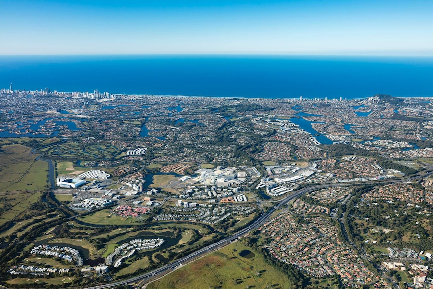 Aerial view of Robina and how it looks today with ocean in the distance