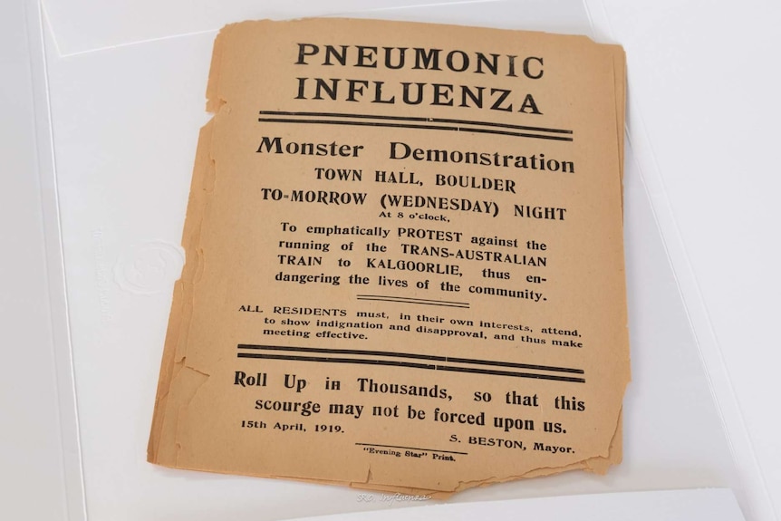 Pneumonic influenza leaflet from 1919 advertising a  'Monster Demonstration' to be held at the Boulder Town Hall