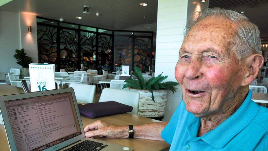 101 year old Frank Birkin sits in front of his laptop ready to read his emails