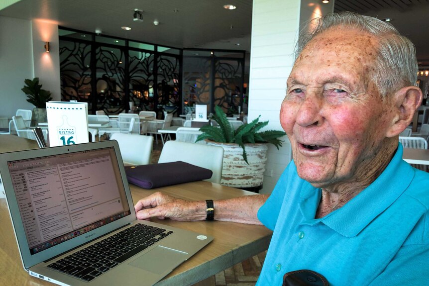 101 year old Frank Birkin sits in front of his laptop ready to read his emails