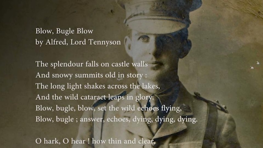 Poem superimposed over portait photo of soldier