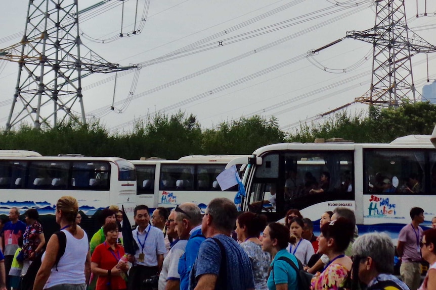 A convoy of busses with foreign tourists in China.