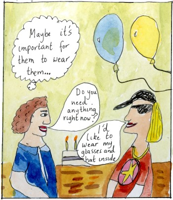 A cartoon of a birthday party where one person is wearing sunglasses and the other is being accepting.