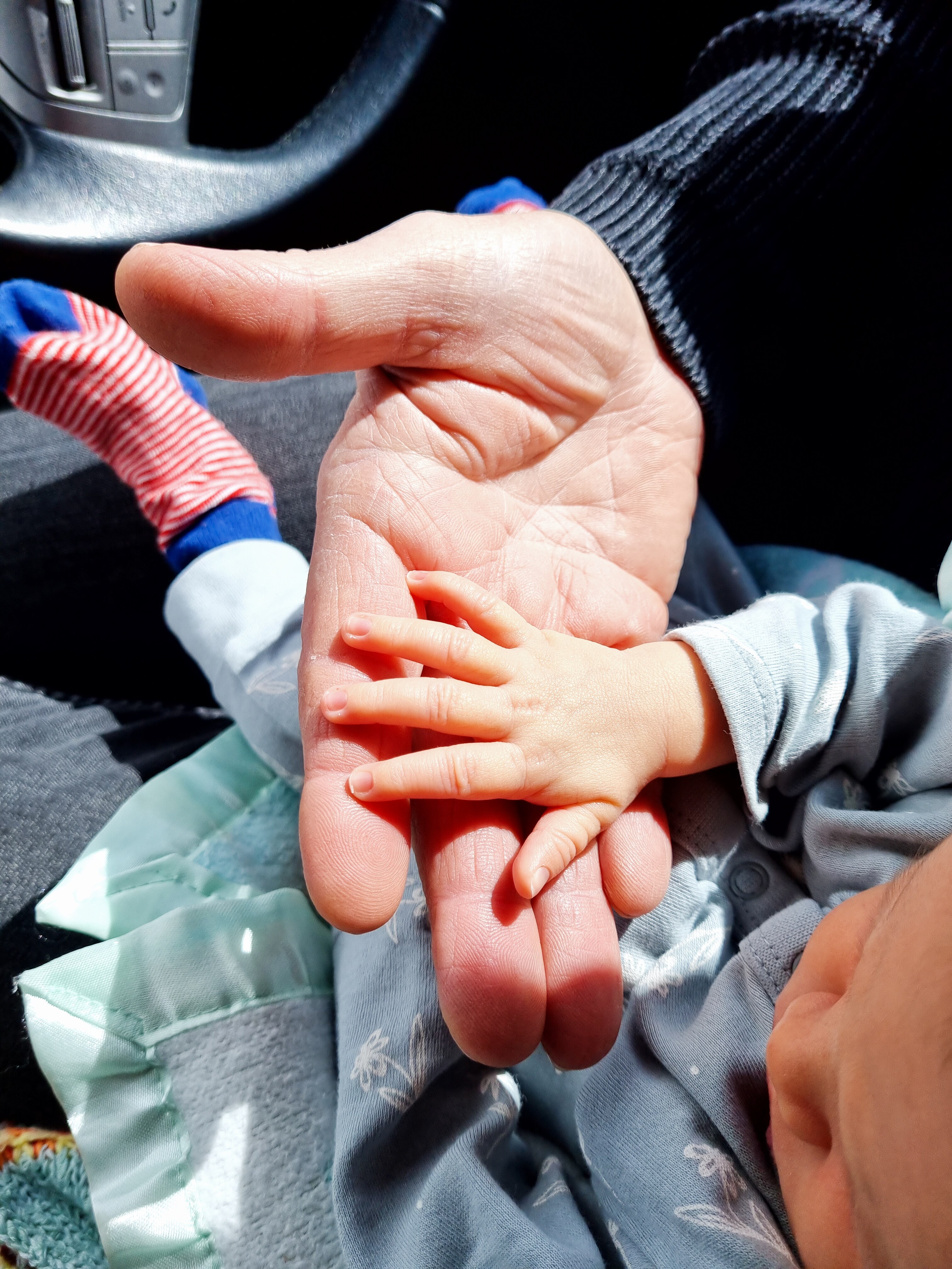 Gregory's adult hand holding a baby's hand.