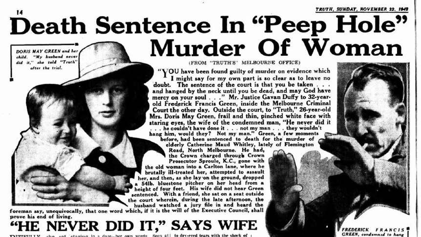 A page from a newspaper featuring a photo of a woman and child and another of a man holding up his hands.