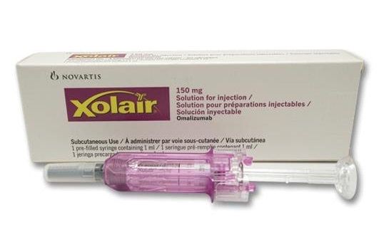 A picture of a box labelled Xolair and a syringe