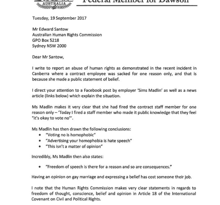 George Christensen's letter to the Human Rights Commissioner
