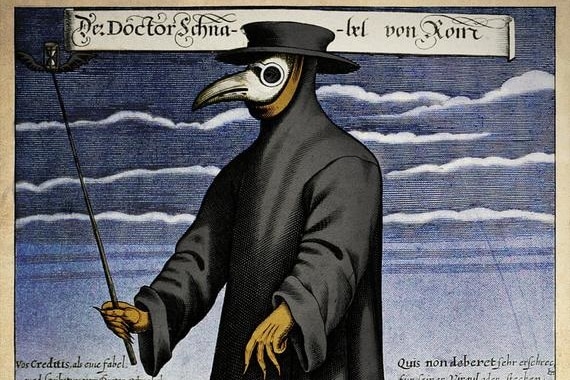 An illustration of a person in a long cloak with a beak mask.