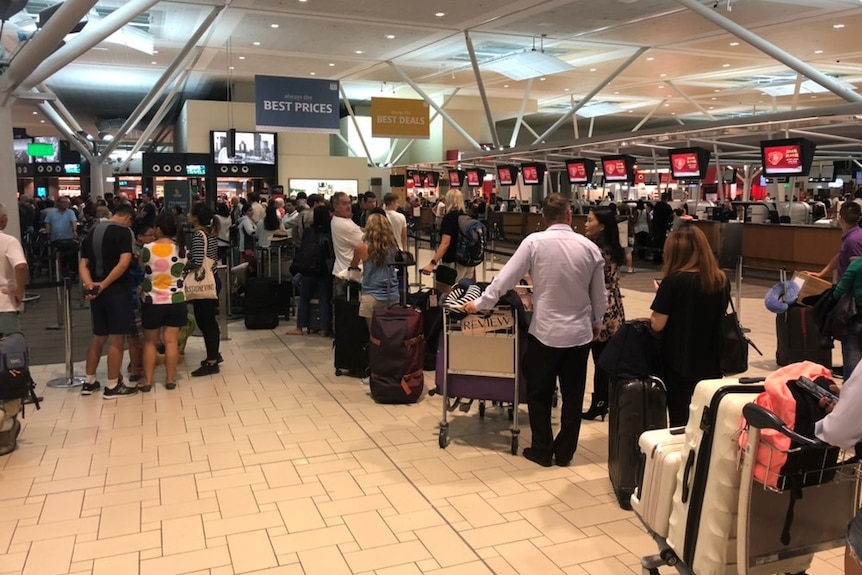 Long queues of people at an airport terminal