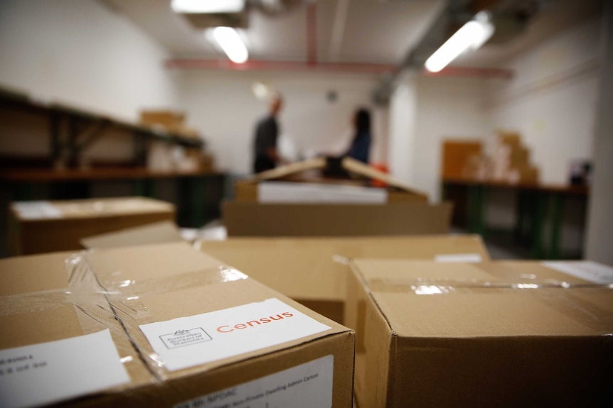 Two brown boxes sit in the foreground with "Census" written on them. People are working in the background.