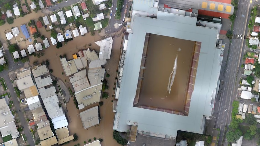 Lang Park flooded: The stadium went underwater.