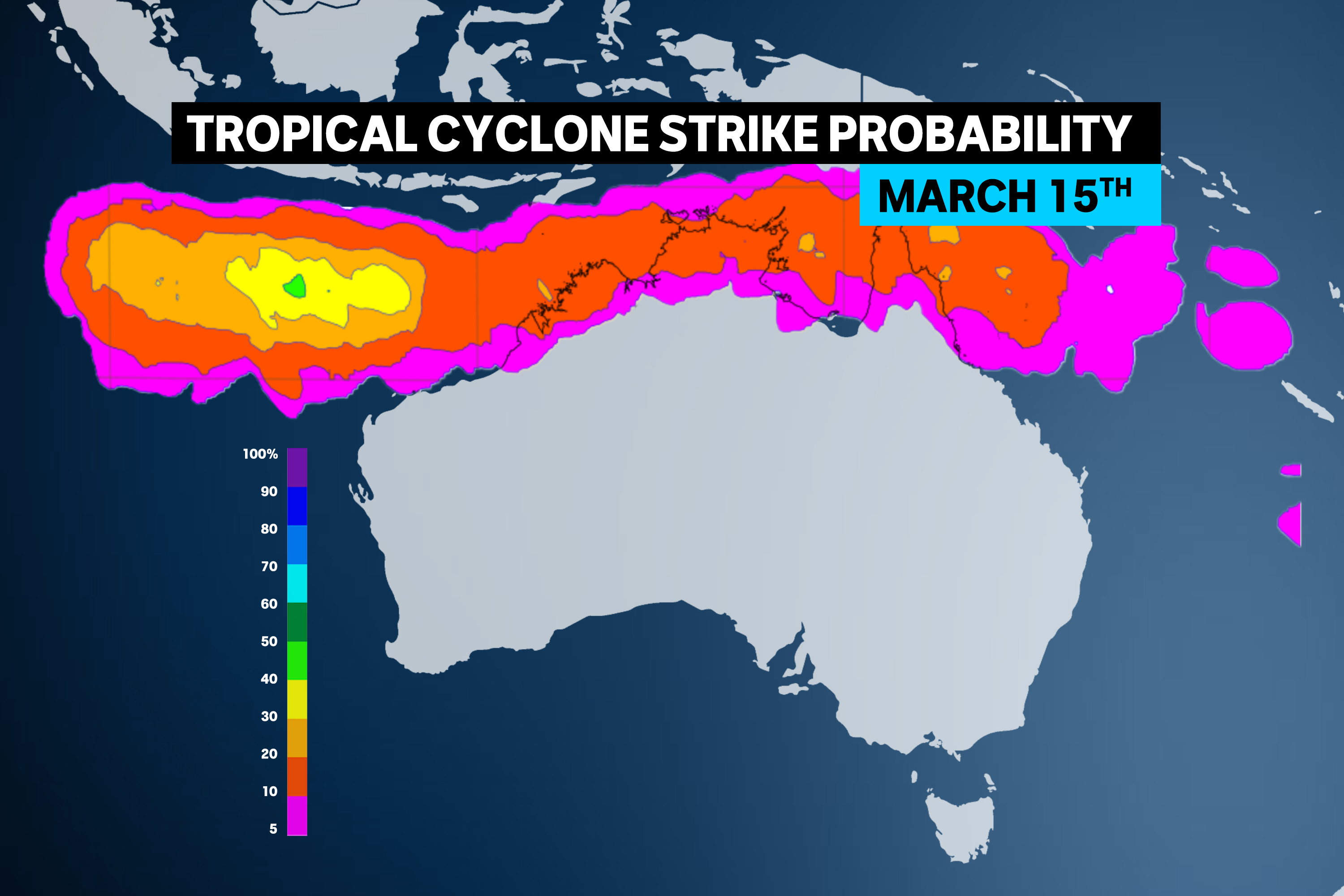 a weather map showing risk of a tropical cyclone exists for most of northern Australia later this week.