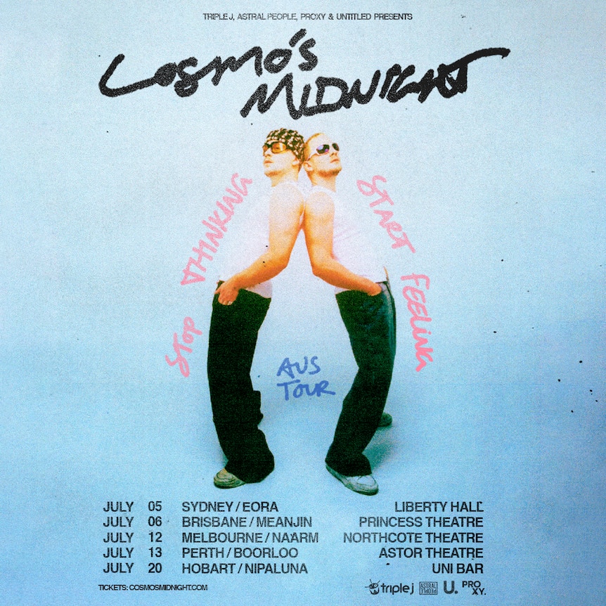 Poster for Cosmos Midnight's 2024 australian tour shows two men leaning back to back on a blue background