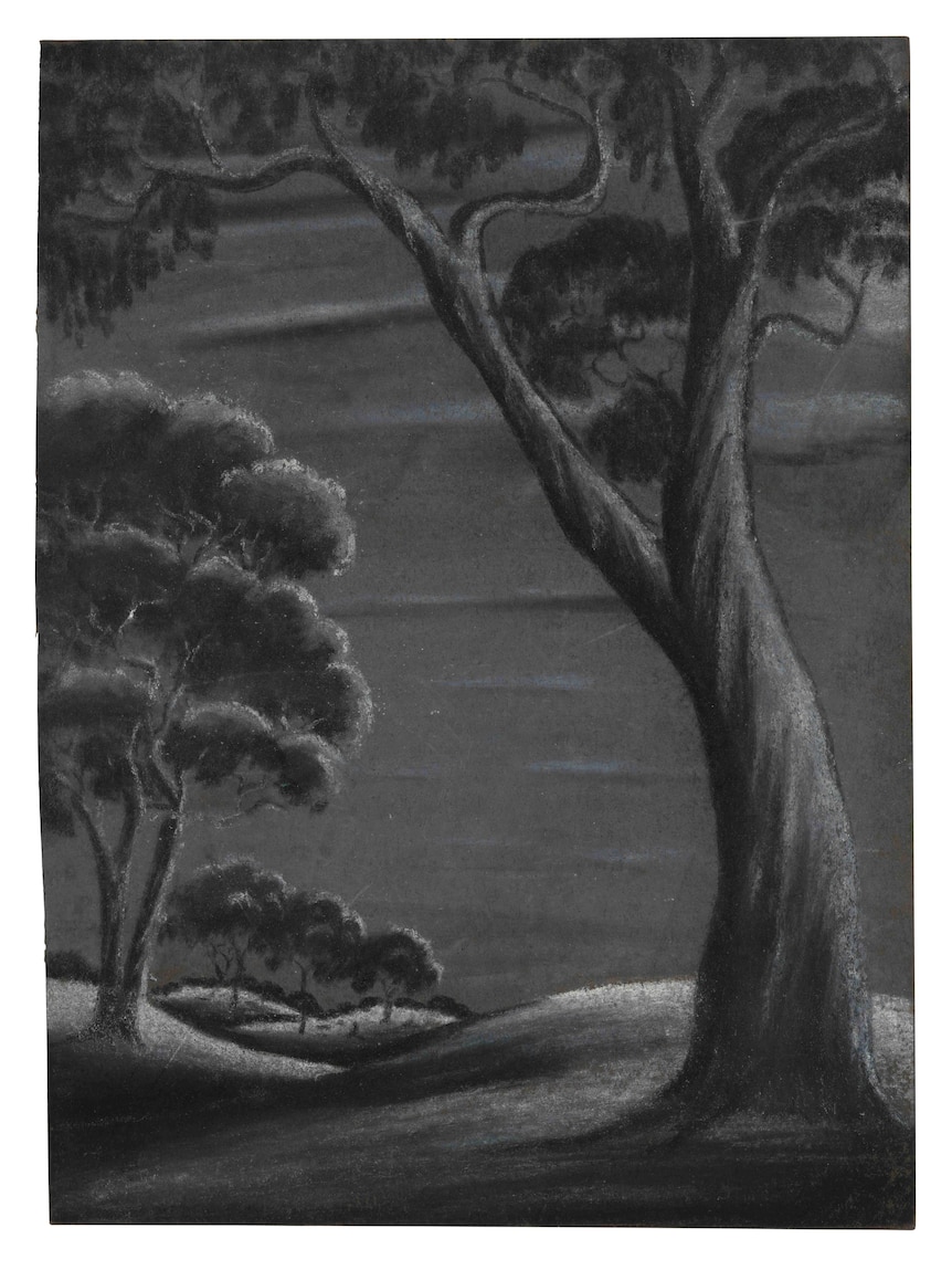 A black-and-white drawing of trees and rolling hills.