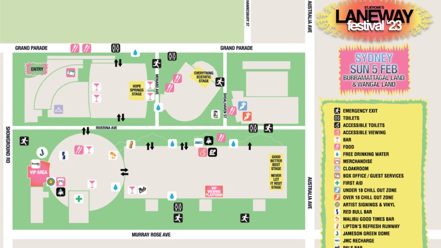 An illustrated map of the grounds of Sydney's Laneway festival