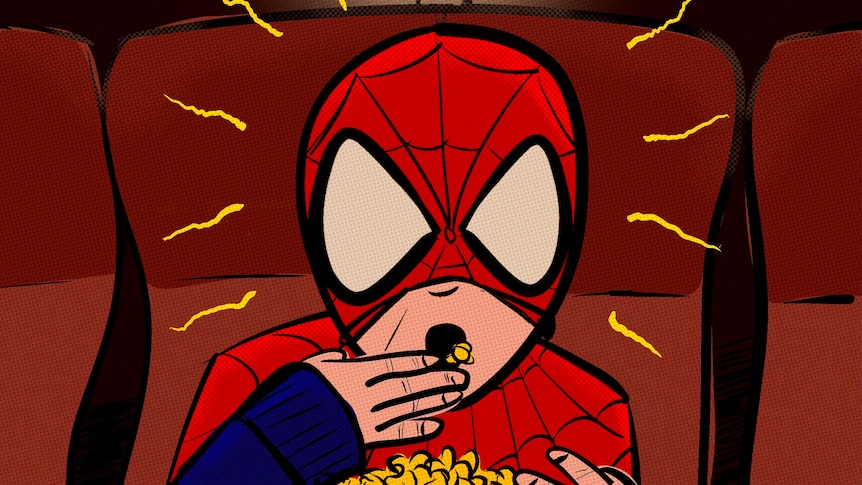 Illustration of a boy dressed as Spider-Man eating popcorn. 