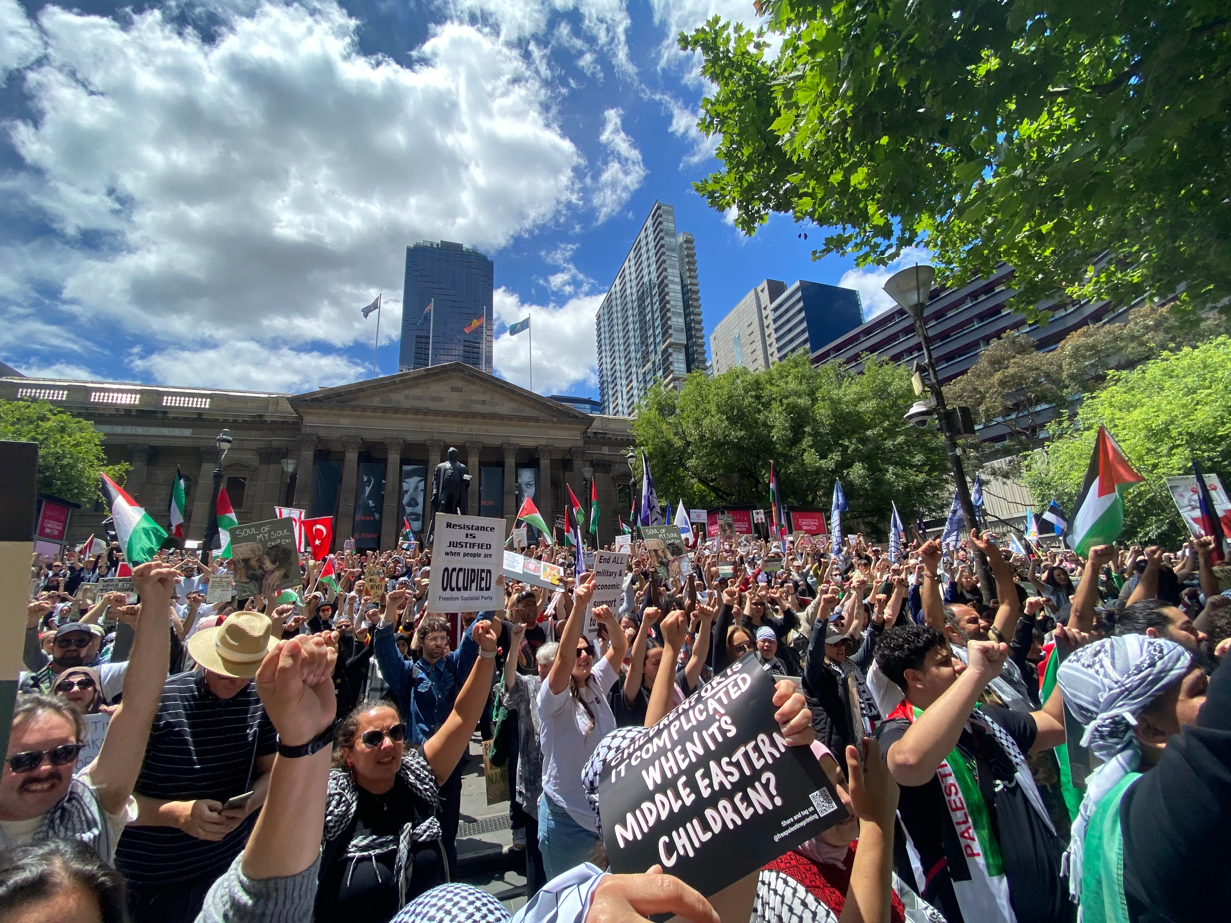 Crowd of people holding signs and flags at the State Library.