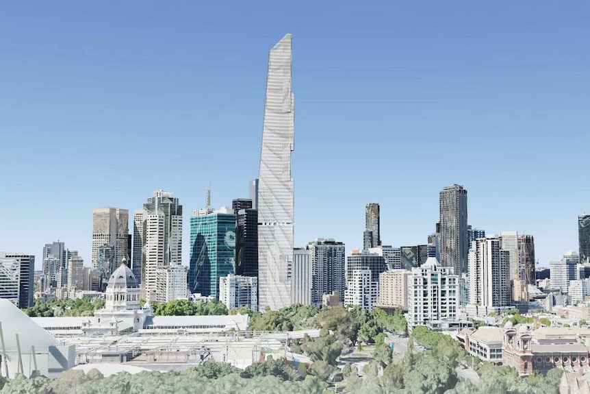 An artist's impression of the Melbourne skyline featuring the Magic tower proposed for the Royal Society of Victoria site.