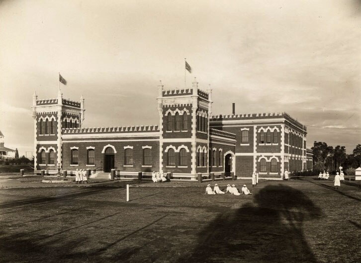 Black and white photo of the The Albany Bell Castle, a cake and confectionary factory