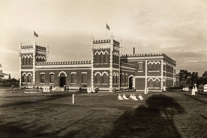 Black and white photo of the The Albany Bell Castle, a cake and confectionary factory