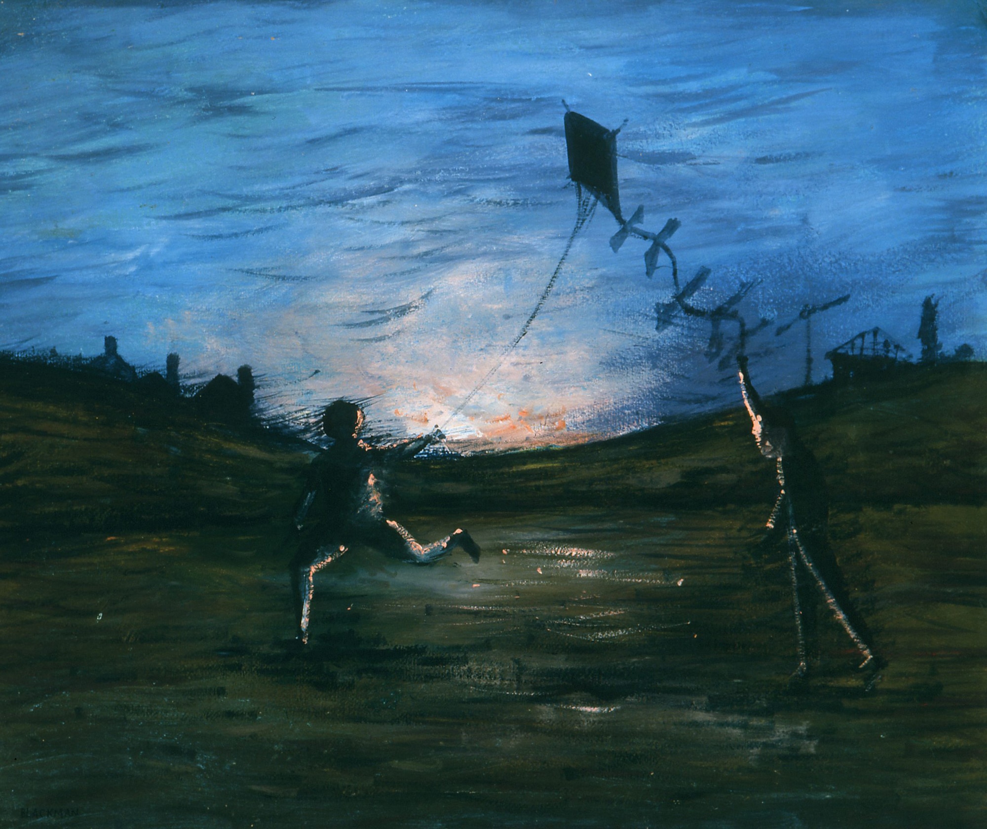 Sweeney Flying a Kite από τον Charles Blackman; μια ζωγραφιά ενός παιδιού που τρέχει με έναν χαρταετό ψηλά καθώς ο ήλιος δύει πίσω του.