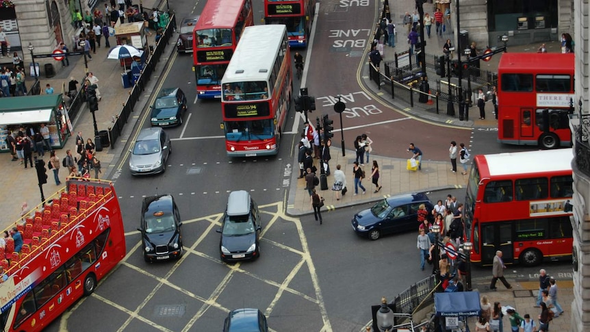 A traffic jam at a busy London intersection.