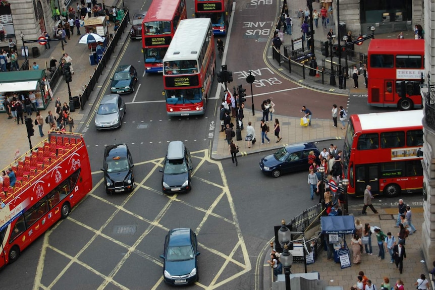 A traffic jam at a busy London intersection.
