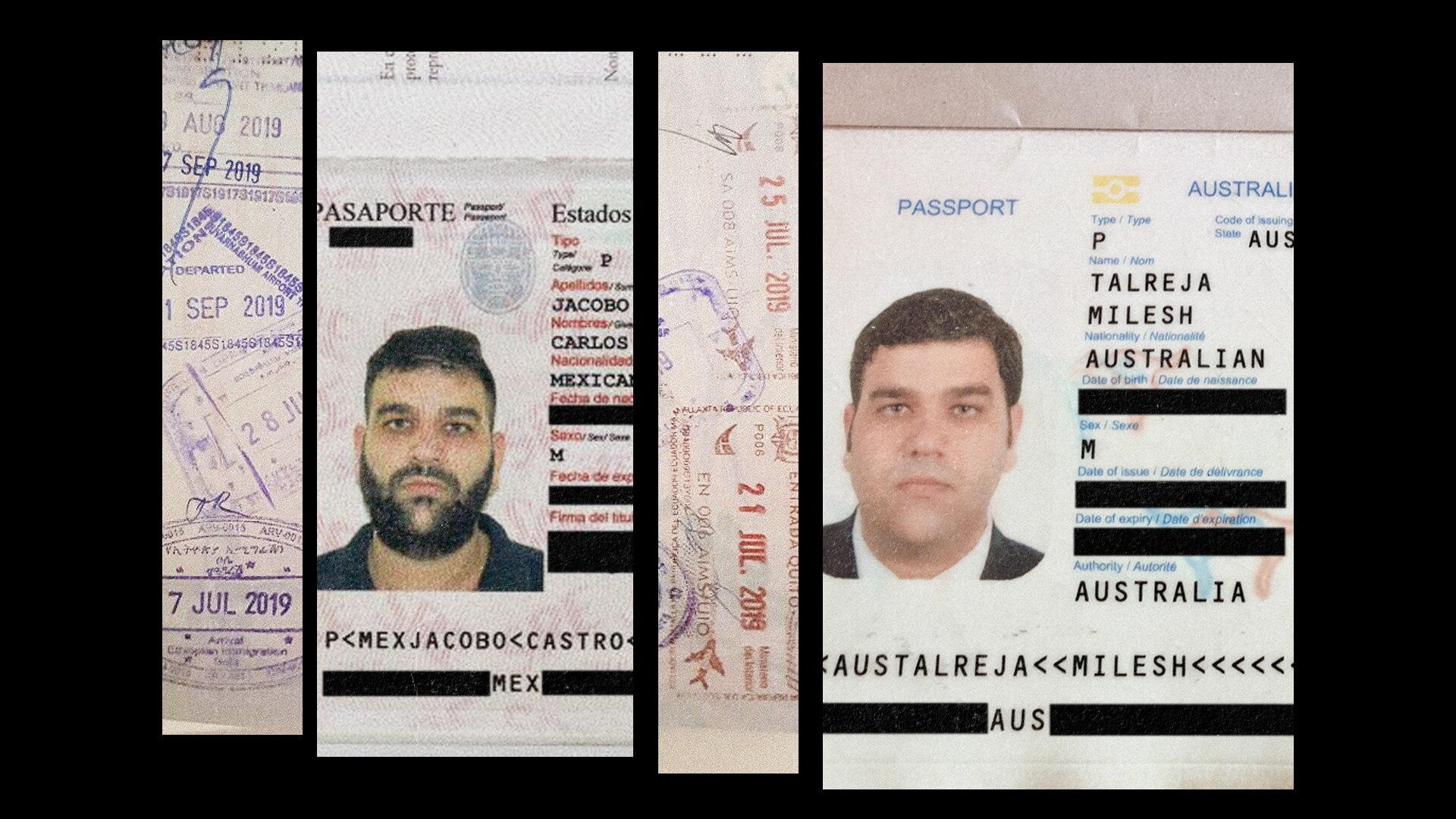 A composite image of two passports, one Mexican and one Australian with different photos of the same man and different names.