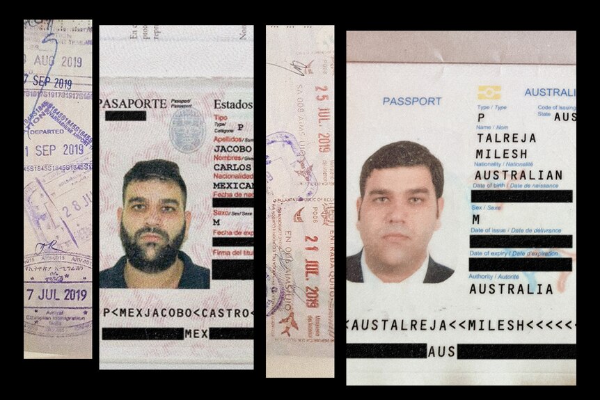 A composite image of two passports, one Mexican and one Australian with different photos of the same man and different names.
