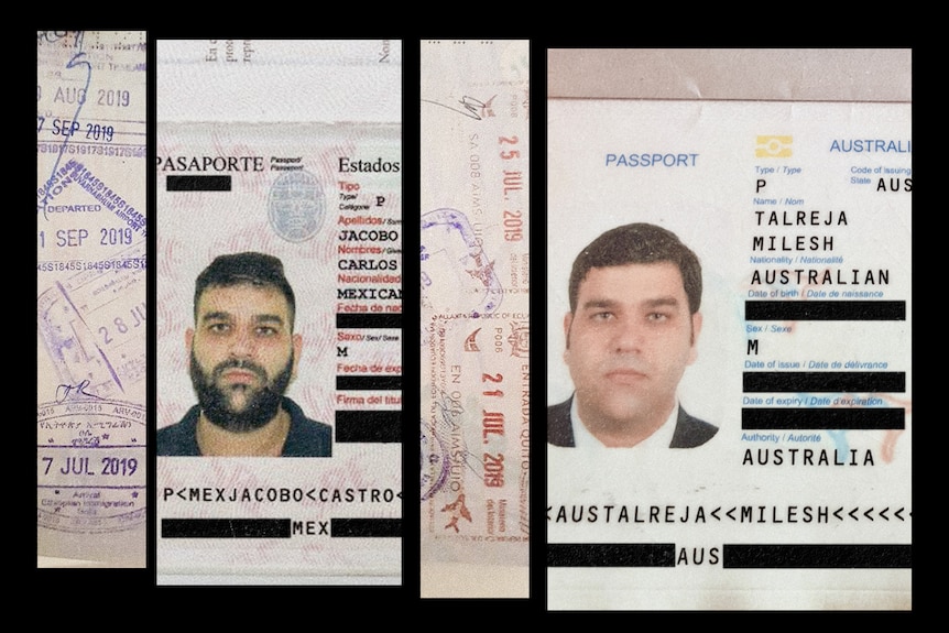 A composite image of two passports, one Mexican and one Australian with different photos of the same man and different names.