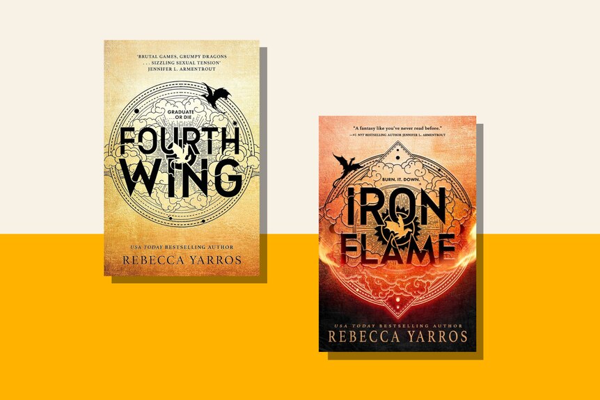 The Fourth Wing and Iron Flame books, which are gold and bronze featuring bold black lettering, against a yellow background