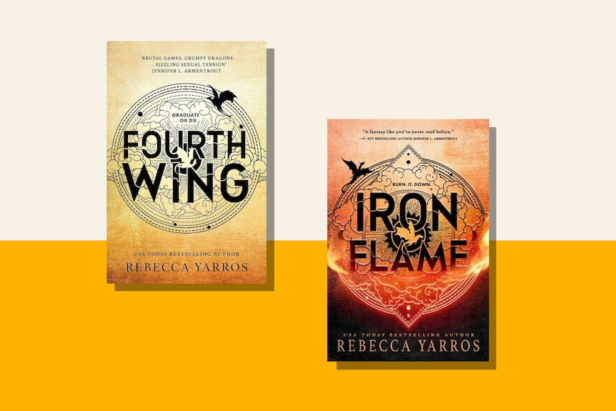 The Fourth Wing and Iron Flame books, which are gold and bronze featuring bold black lettering, against a yellow background