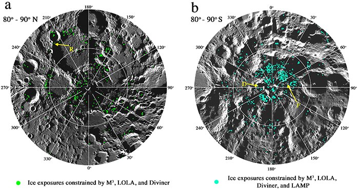 Water ice bearing pixels overlaid on the northern (a) and southern (b) polar regions.